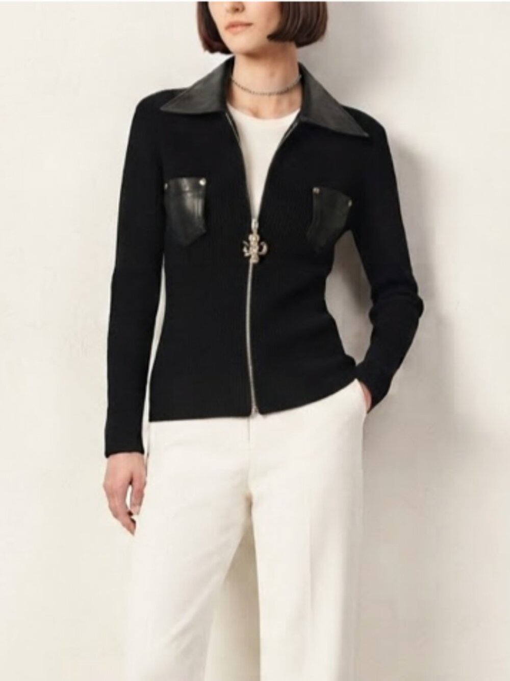 COP.COPINE Paris Black Zip Sweater Ribbed Stretchy Knit Leather Collar Pockets